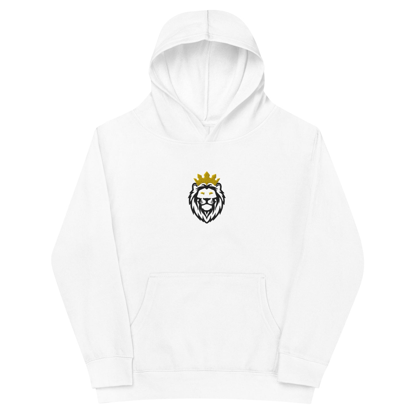 THSR Youth Pullover Hoodies with Center-Chest Logo – White Pullover Hoodies Featuring Black & Gold THSR KING Lion wearing a crown Design for Kids