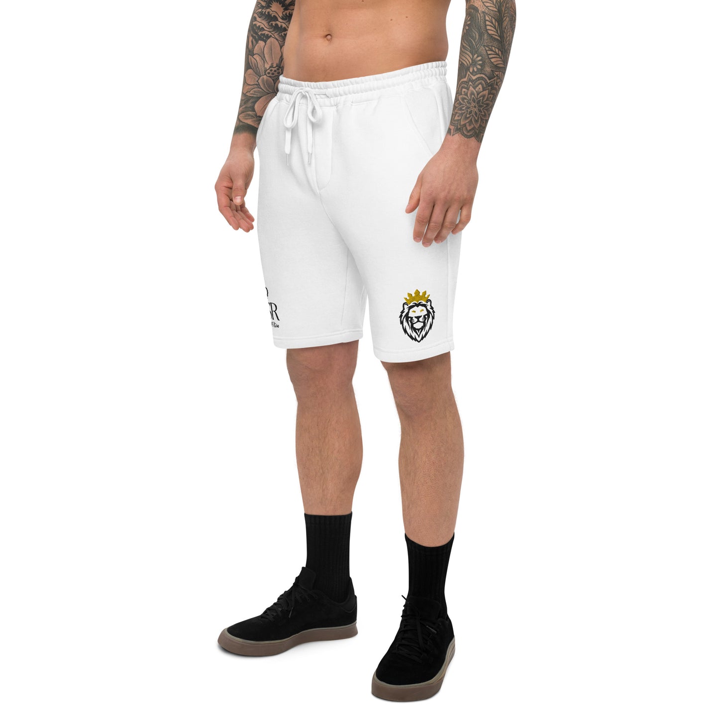 THSR White Unisex Fleece Shorts - Embroidered Black & Gold KING Lion and Black "THSR True Heroes Still Rise" Design