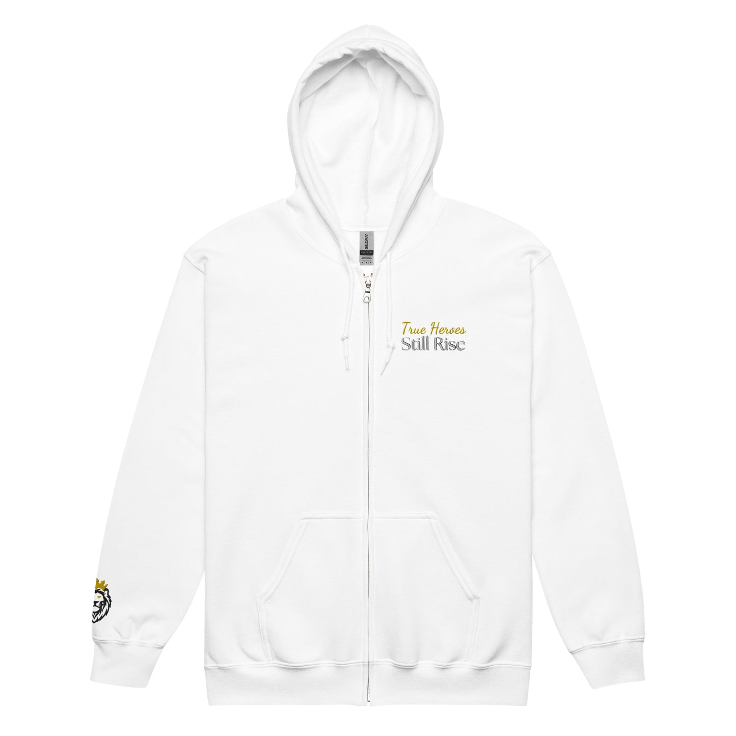 THSR Unisex White Zip-up Hoodies - Embroidered Bold Gold and Black "True Heroes Still Rise" Design