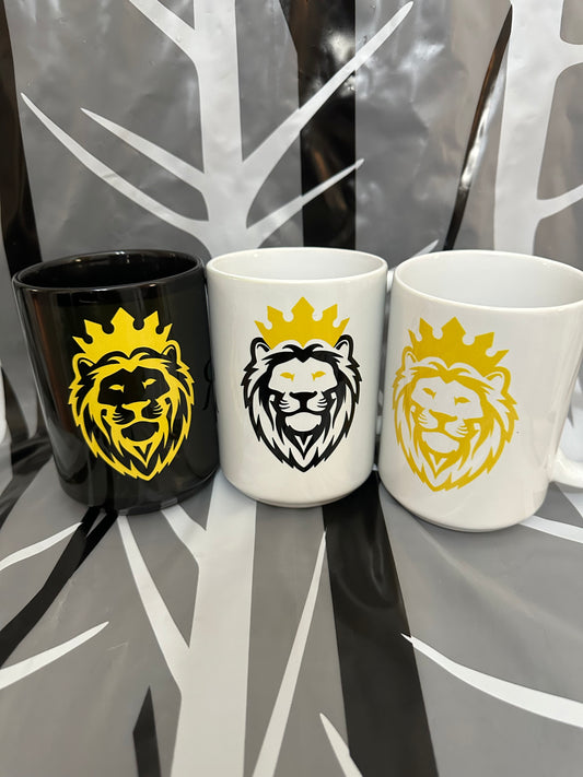 THSR mugs with a Lion wearing a crown available in gold on black, gold on white, and black Lion wearing gold crown on white mug