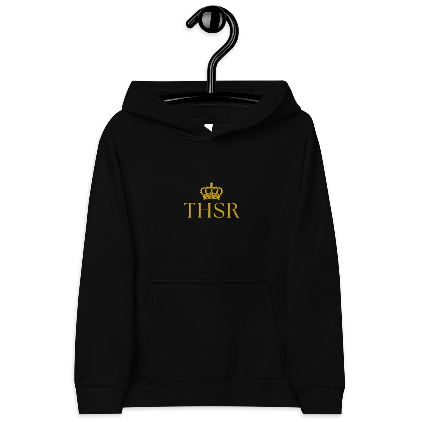 THSR Youth Pullover Hoodies with Center-Chest Logo – Black or White Pullover Hoodies Featuring Gold "THSR" under a crown Design for Kids