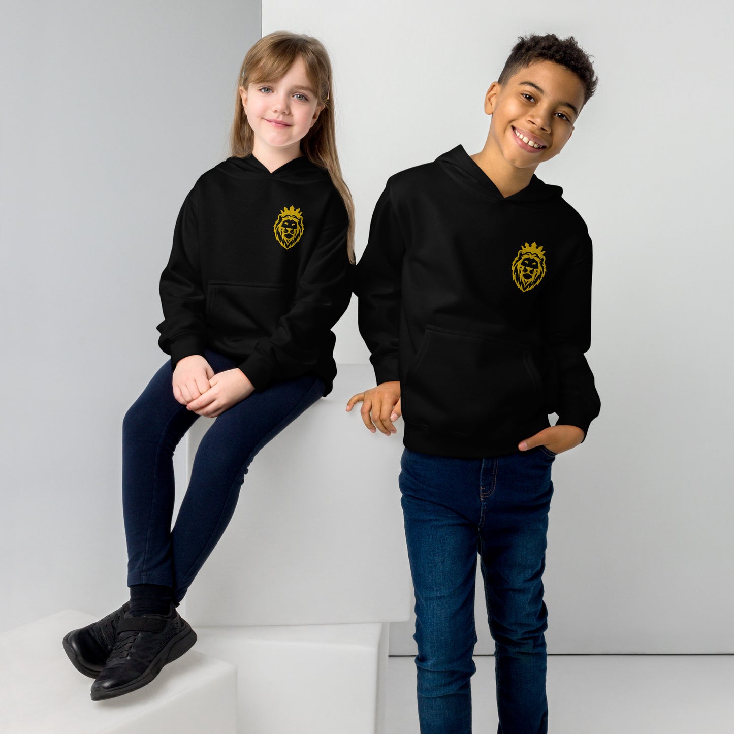 THSR Youth Pullover Hoodies with Left-Chest Logo – Black or White Pullover Hoodies Featuring Gold THSR KING Lion wearing a crown Design for Kids