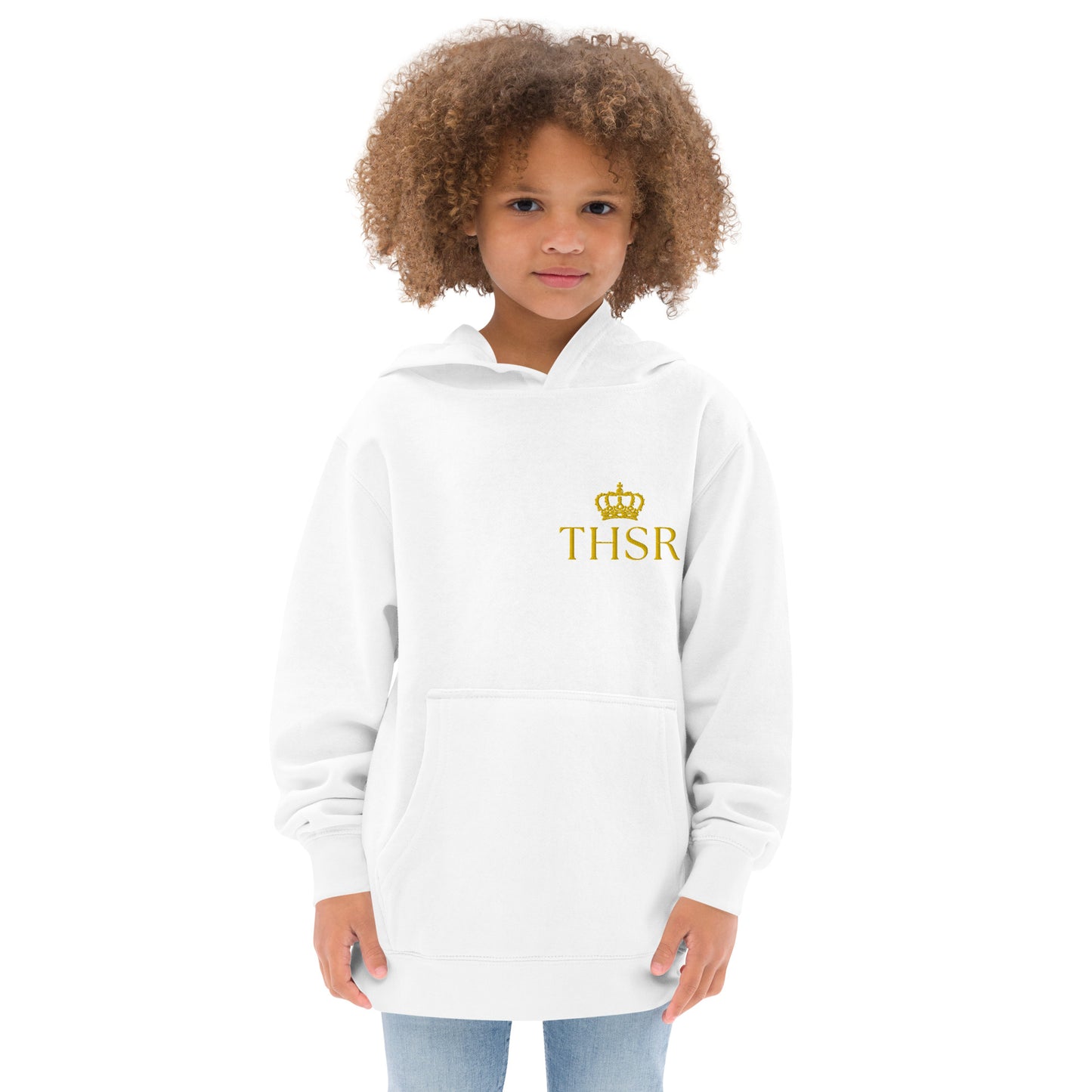THSR Youth Pullover Hoodies with Left-Chest Logo – Black or White Pullover Hoodies Featuring Gold "THSR" under a crown Design for Kids