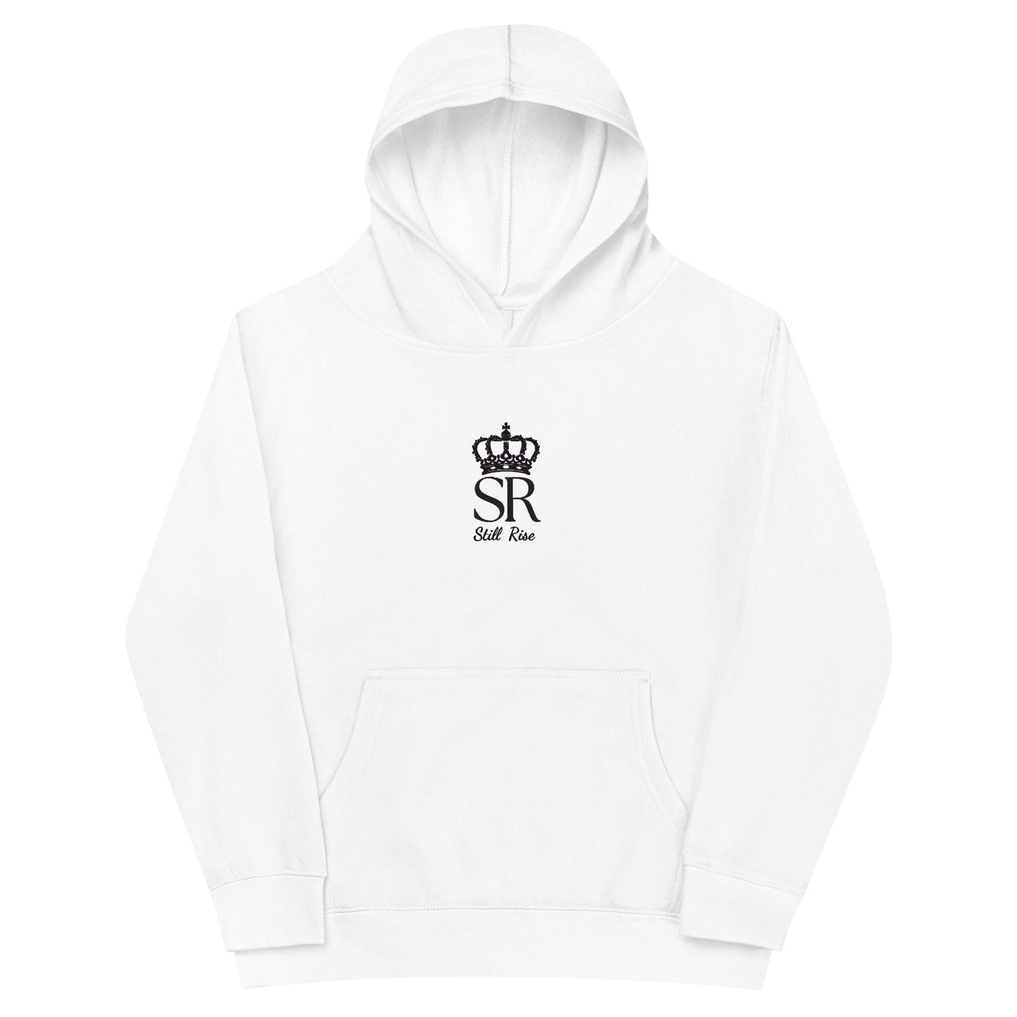 THSR Youth Pullover Hoodies with Center-Chest Logo – White Pullover Hoodies Featuring Black THSR "SR Still Rise" under a crown Design for Kids