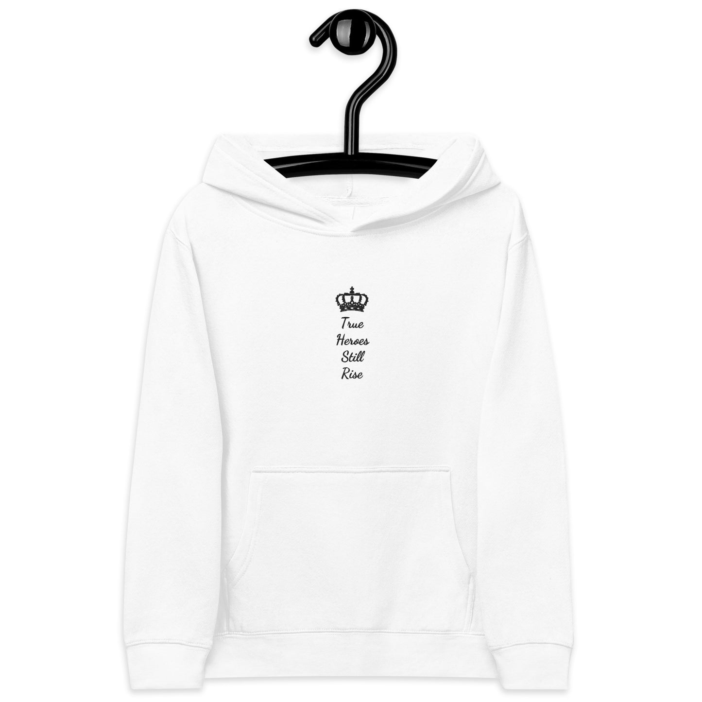 THSR Youth Pullover Hoodies with Center-Chest Logo – White Pullover Hoodies Featuring Black "True Heroes Still Rise" under a crown Design for Kids