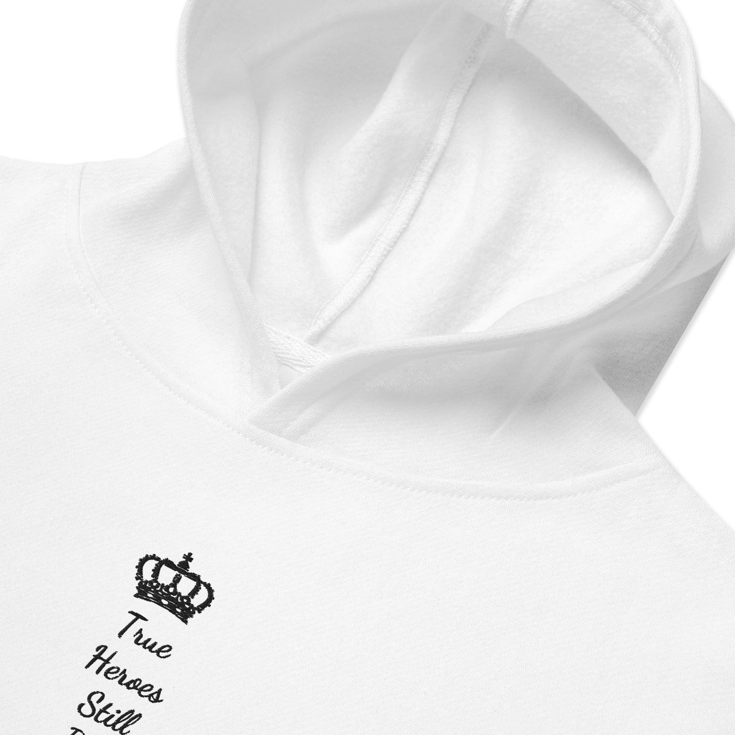 THSR Youth Pullover Hoodies with Center-Chest Logo – White Pullover Hoodies Featuring Black "True Heroes Still Rise" under a crown Design for Kids