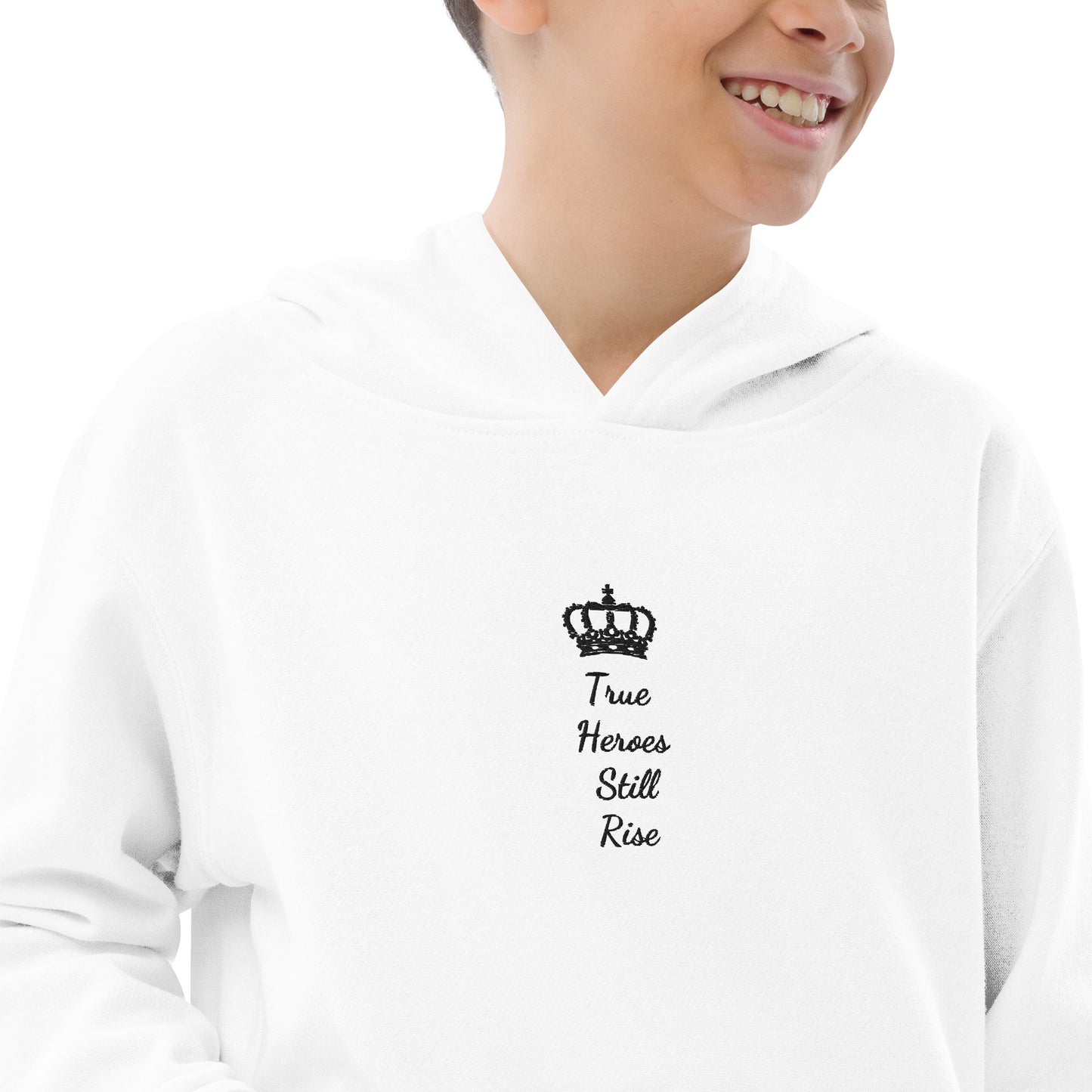 THSR Youth Pullover Hoodies with Center-Chest Logo – White Pullover Hoodies Featuring Black "True Heroes Still Rise" under a crown Design for Kids