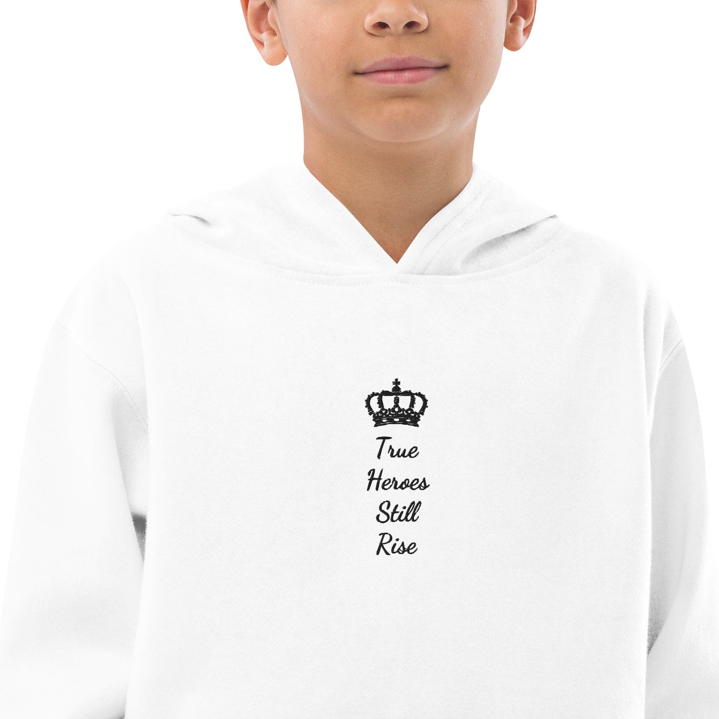 THSR Youth Pullover Hoodies with Center-Chest Logo – White Pullover Hoodies Featuring Black "True Heroes Still Rise" under a crown Design for Kids