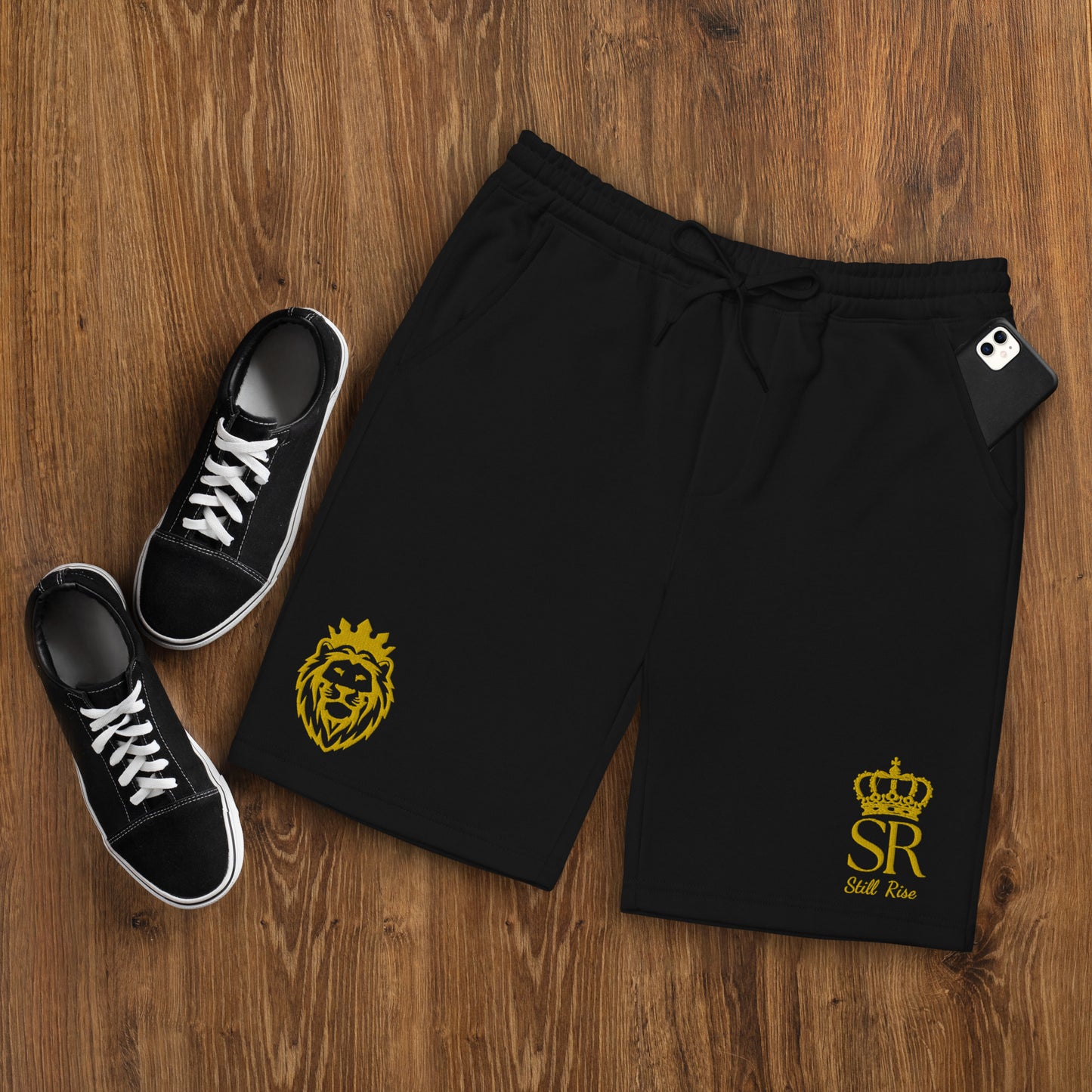 THSR Adult Fleece Shorts - Black or White with Embroidered Gold KING Lion and Gold "SR Still Rise" Design