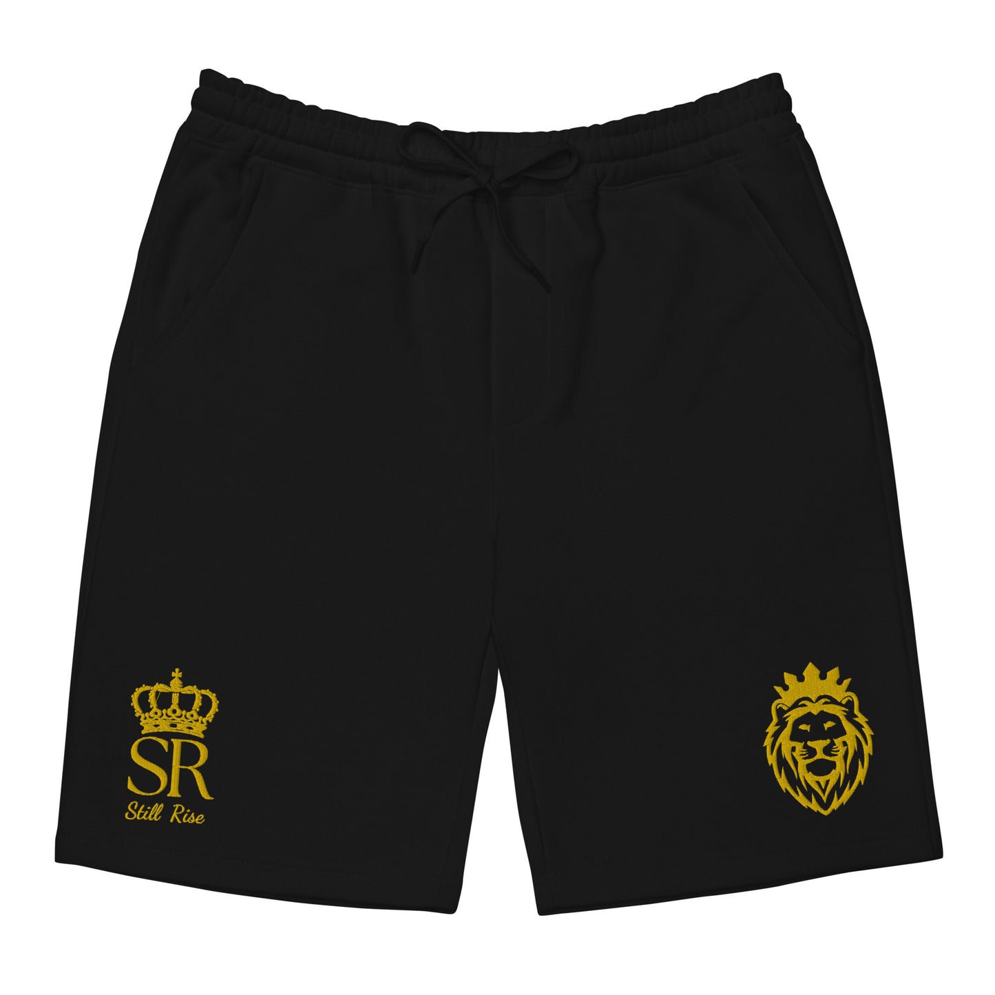 THSR Adult Fleece Shorts - Black or White with Embroidered Gold KING Lion and Gold "SR Still Rise" Design