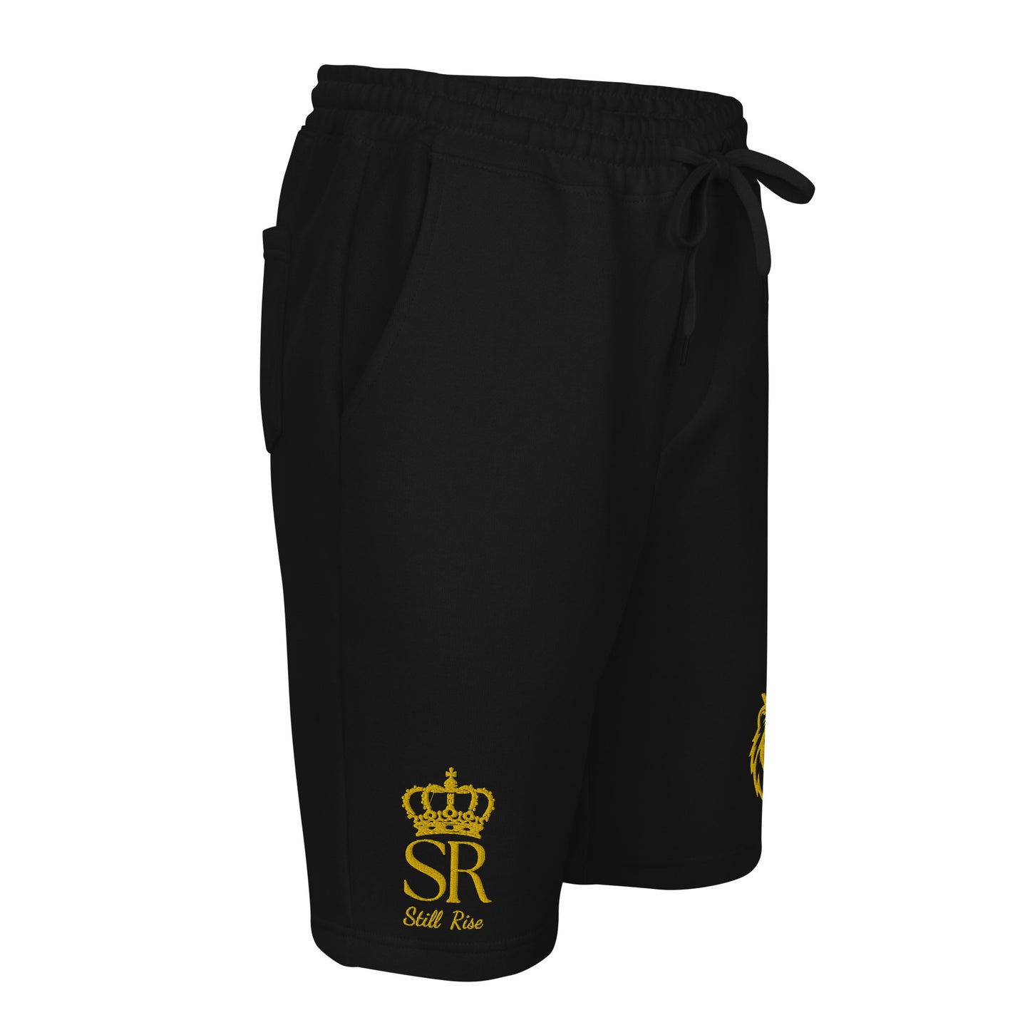 THSR Adult Fleece Shorts - Black or White with Embroidered Gold KING Lion and Gold "SR Still Rise" Design