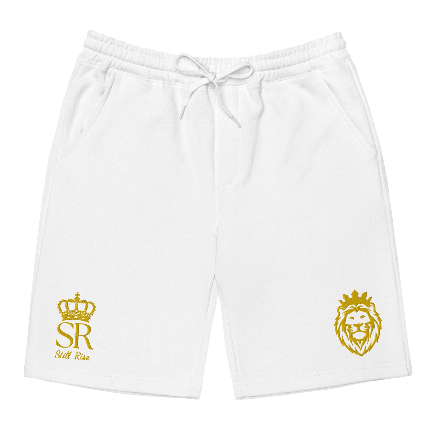 THSR Adult Fleece Shorts - Black or White with Embroidered Gold KING Lion and Gold "SR Still Rise" Design