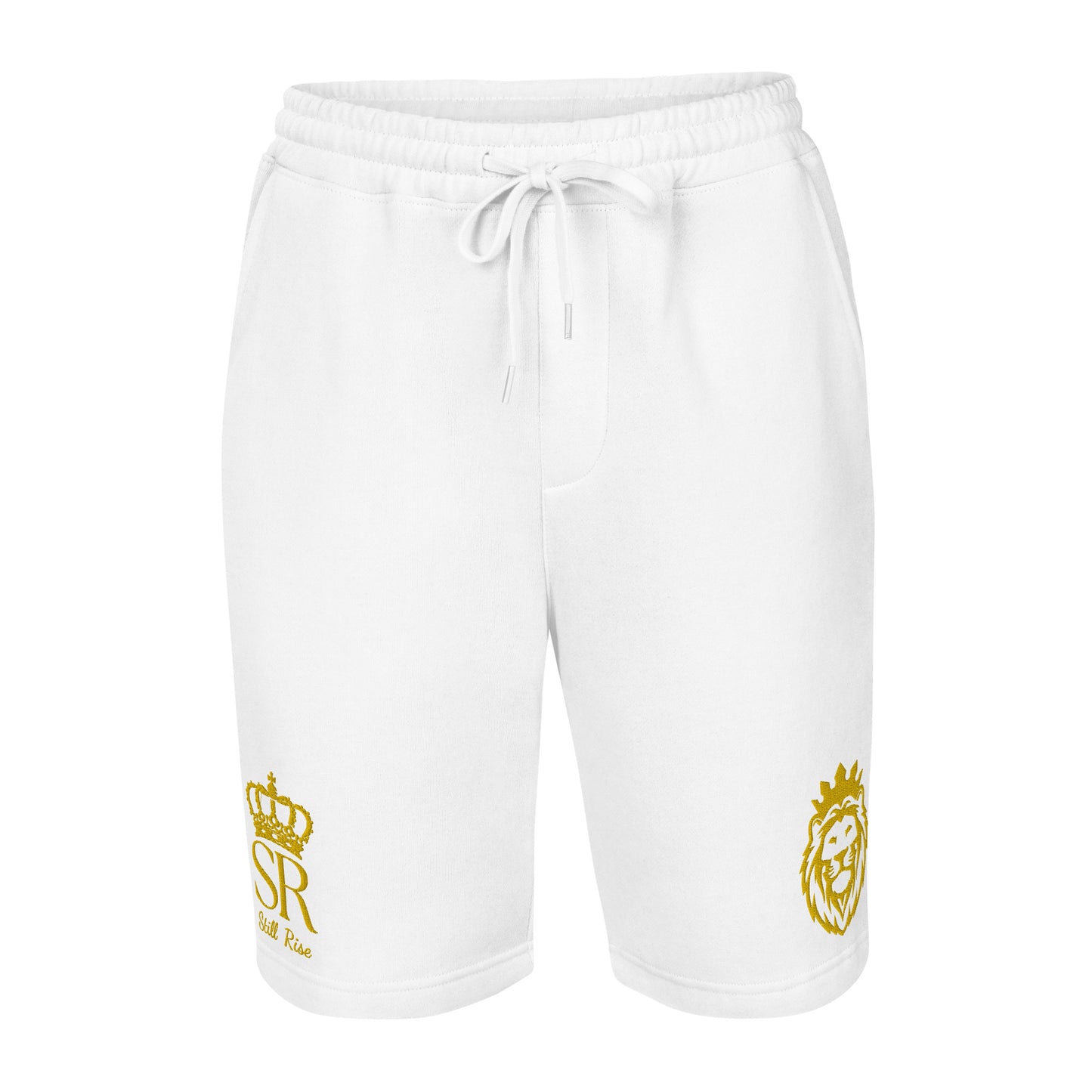 THSR Adult Fleece Shorts - Black or White with Embroidered Gold KING Lion and Gold "SR Still Rise" Design