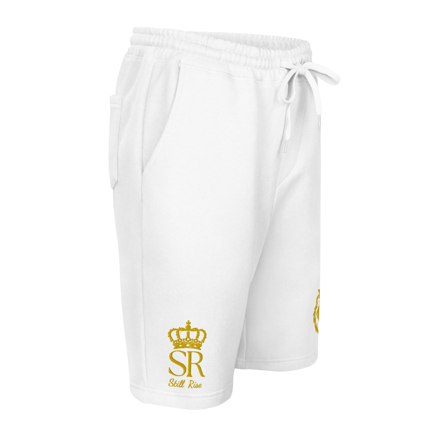 THSR Adult Fleece Shorts - Black or White with Embroidered Gold KING Lion and Gold "SR Still Rise" Design