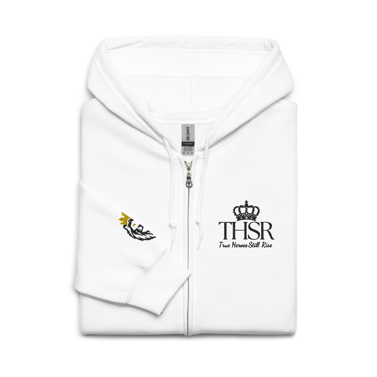 THSR Unisex White Zip-up Hoodies - Embroidered Black "THSR True Heroes Still Rise" Design