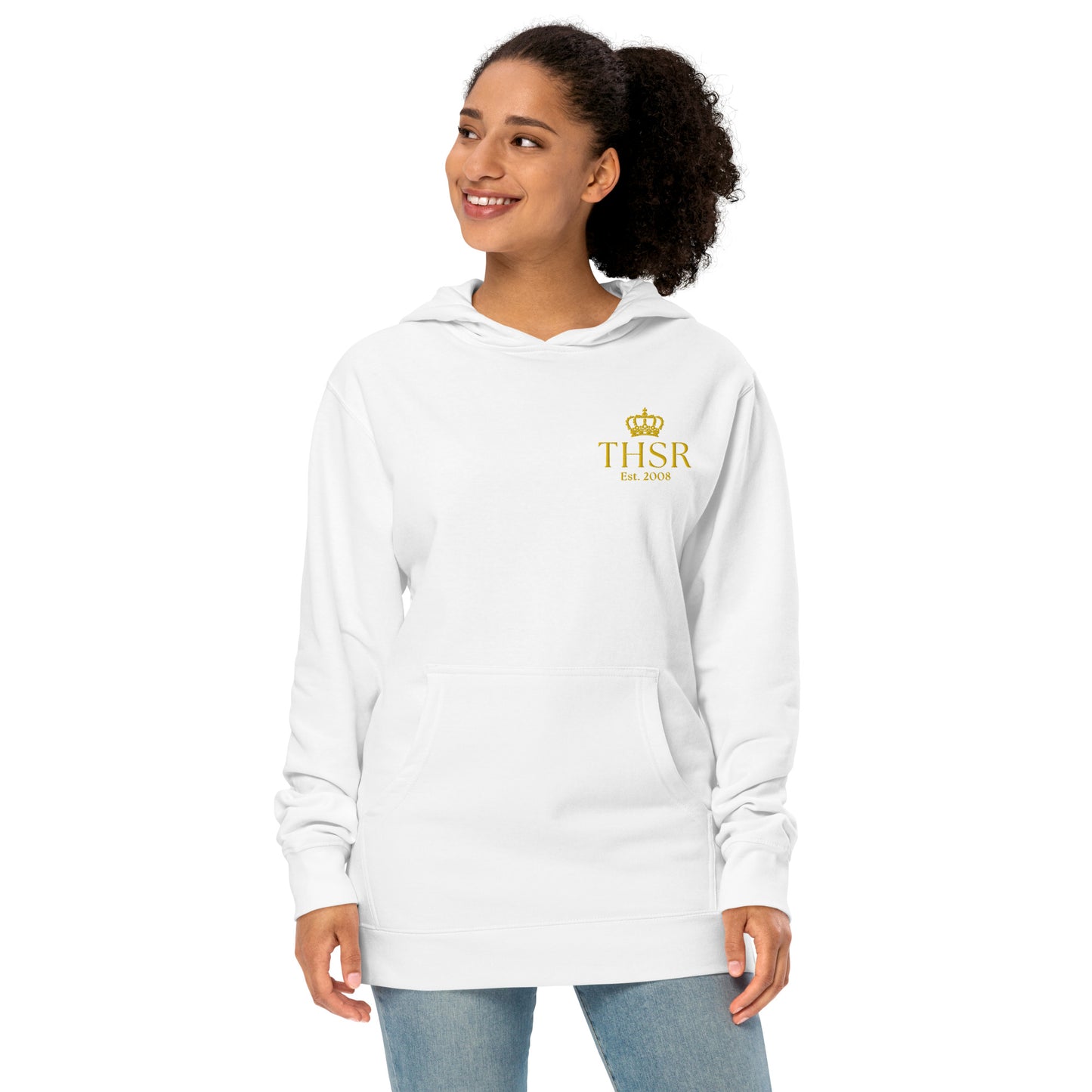 THSR Adult Pullover Hoodie with Left-Chest Logo –Black or White Pullover Hoodies Featuring Gold "THSR Est. 2008" under a crown Design for Adults