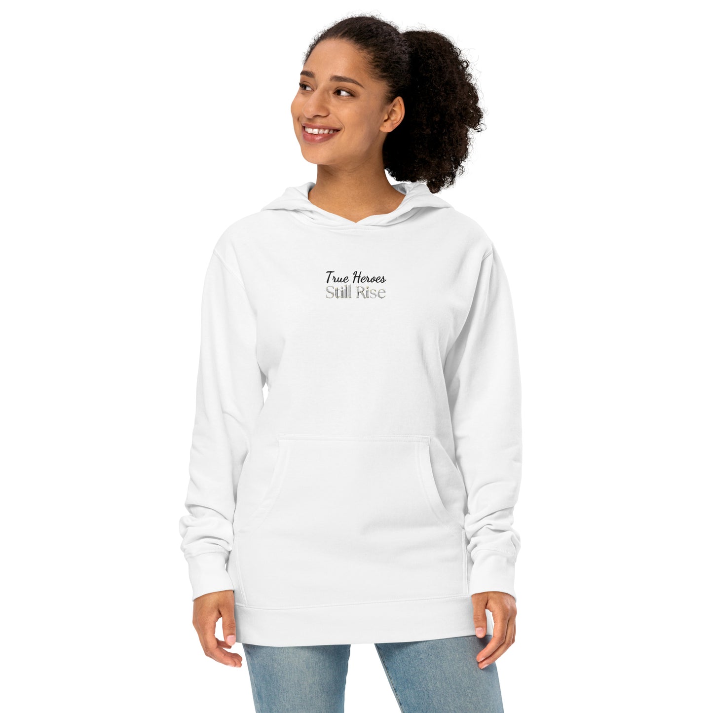 THSR Adult Pullover Hoodie with Center-Chest Logo – White Pullover Hoodies Featuring Bold White and Black "True Heroes Still Rise" Design for Adults