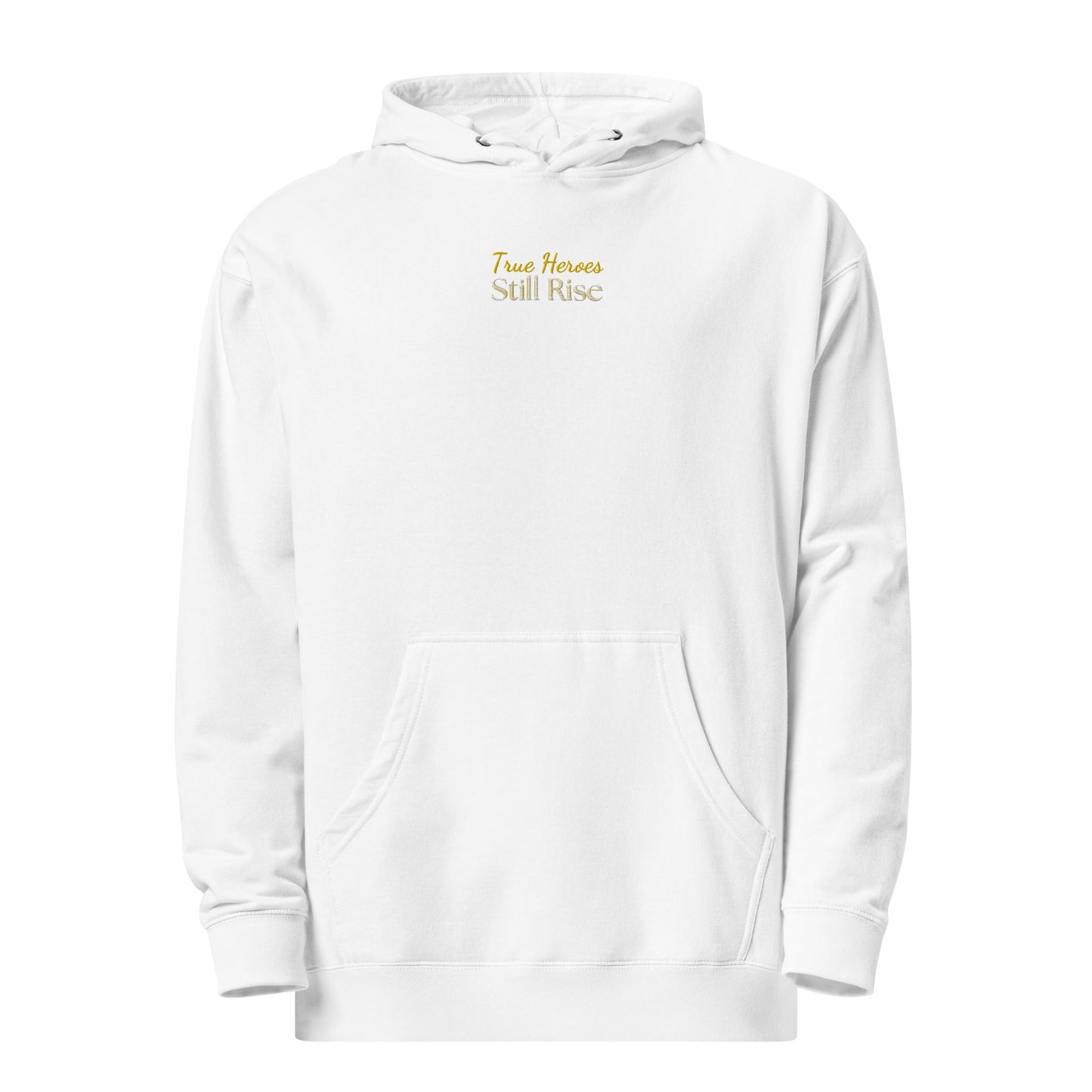 THSR Adult Pullover Hoodie with Center-Chest Logo – Black or White Pullover Hoodies Featuring Bold Gold and White "True Heroes Still Rise" Design for Adults