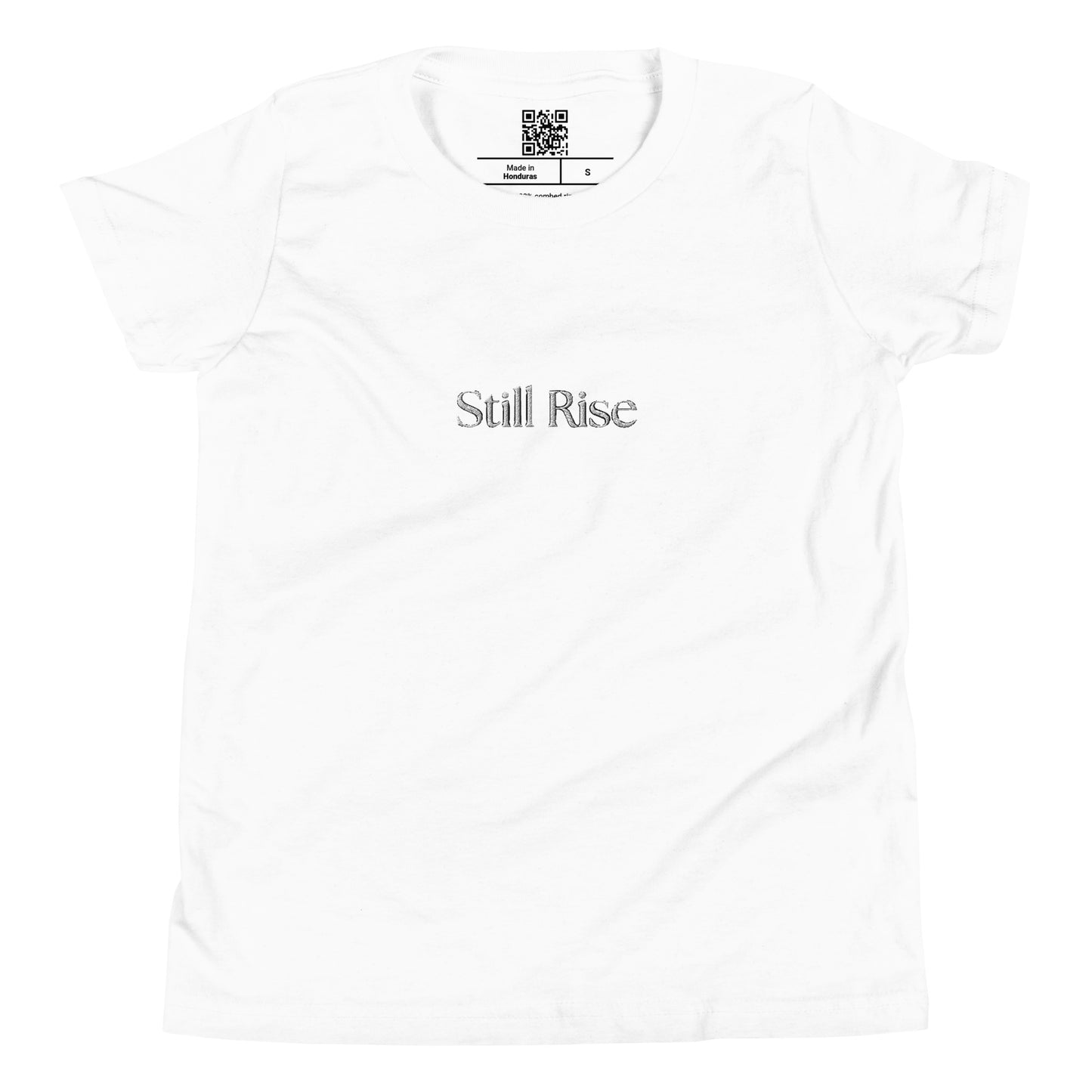 THSR Youth T-Shirt with Center-Chest Logo – White T-shirt Featuring Bold Black "Still Rise" Design for Kids
